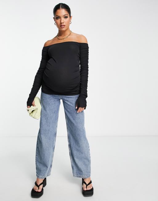 Topshop Maternity mesh long sleeve bardot t-shirt in black, 4 of 4