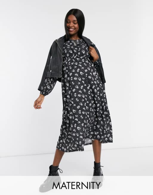 Topshop Maternity Midi Smock Dress in Black Floral Print