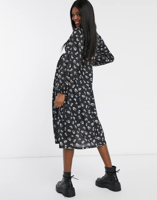 Topshop Maternity Midi Smock Dress in Black Floral Print