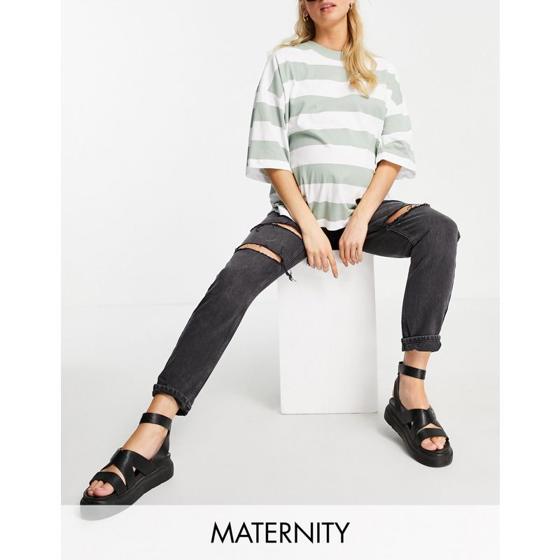 Topshop Maternity – Mom-Jeans mit Unterbauchbund und Zierrissen in Schwarz