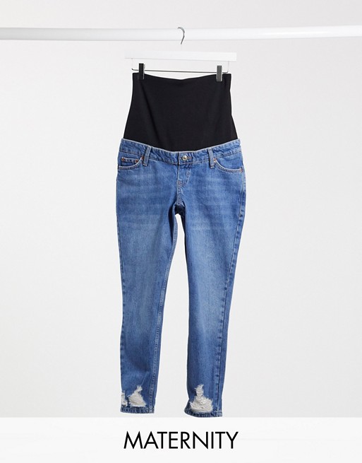 Topshop Maternity mom rip hem overbump jeans in mid wash
