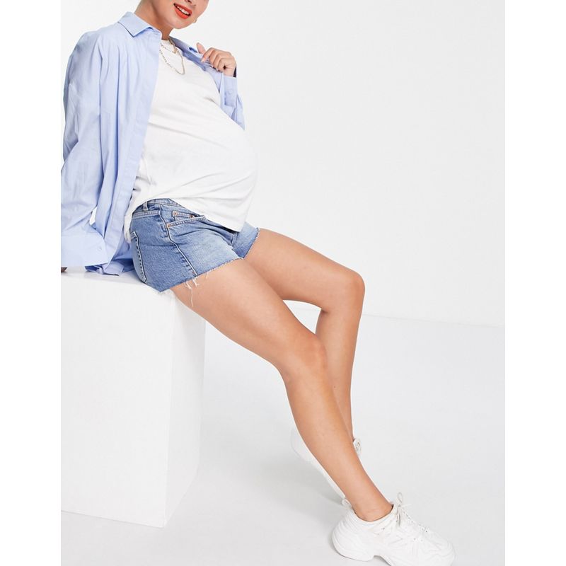 MezwI Pantaloncini Topshop Maternity - Mom shorts di jeans in misto cotone riciclato premium con fascia sopra il pancione, lavaggio blu medio