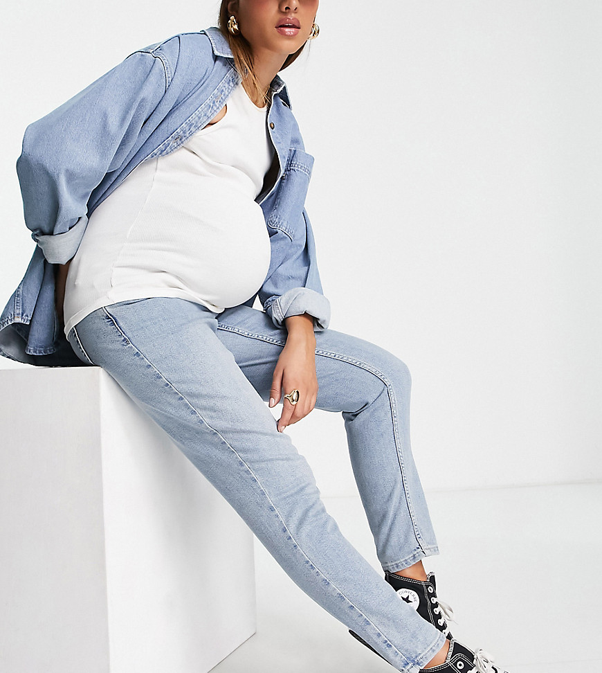 Topshop Maternity overbump Premium Mom organic cotton blend jean in bleach-Blue