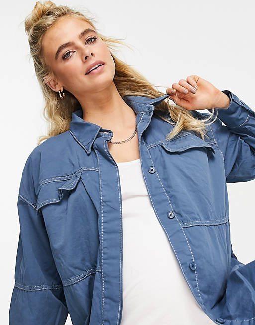 Tops Topshop Maternity oversized contrast stitched casual shirt in blue 