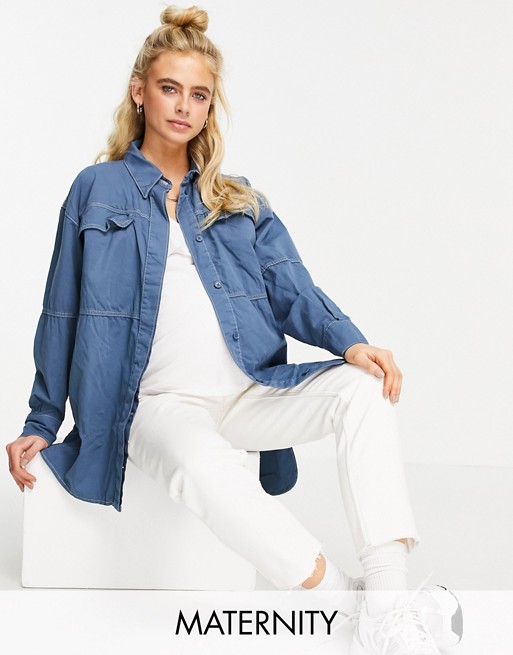 Topshop Maternity oversized contrast stitched casual shirt in blue