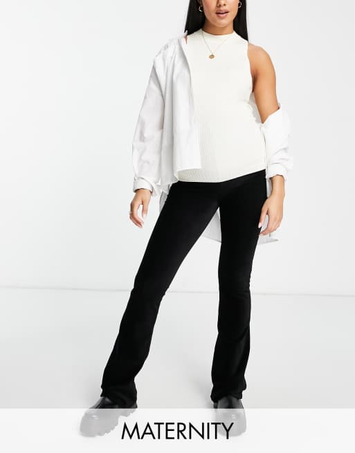 Topshop Maternity - Pantaloni a zampa elasticizzati in tessuto a coste nero