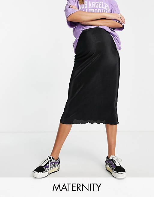Women Topshop Maternity plisse midi skirt with lettuce hem in Black 