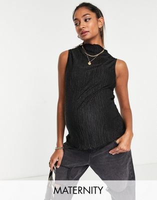 Topshop Maternity plisse sleeveless cowl neck top in black-Green