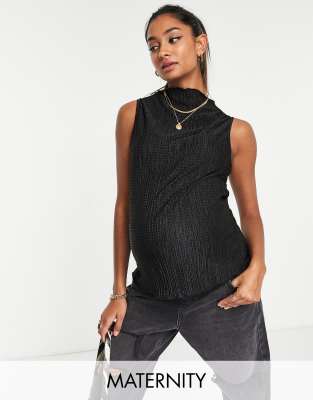 Topshop Maternity plisse sleeveless cowl neck top in black