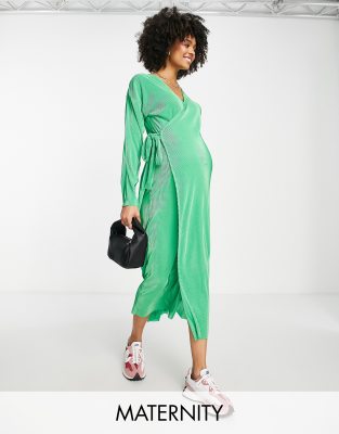 Topshop Maternity plisse wrap dress in green - ASOS Price Checker