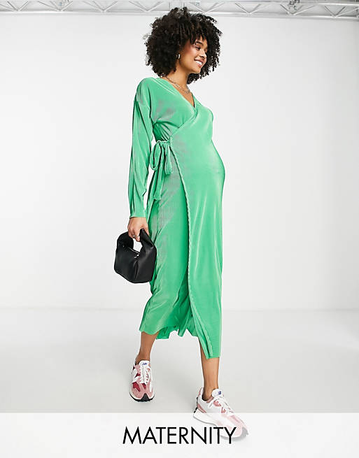 Topshop Maternity plisse wrap dress in green