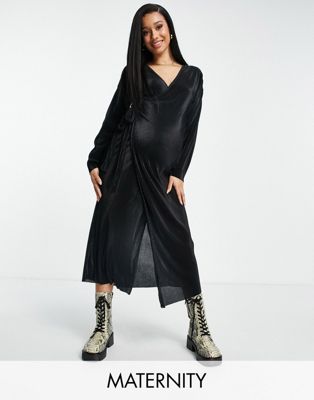 Topshop Maternity plisse wrap midi dress in Black