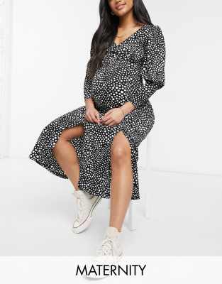 Topshop Maternity plunge neck midi dress with puff sleeves in black polka dot