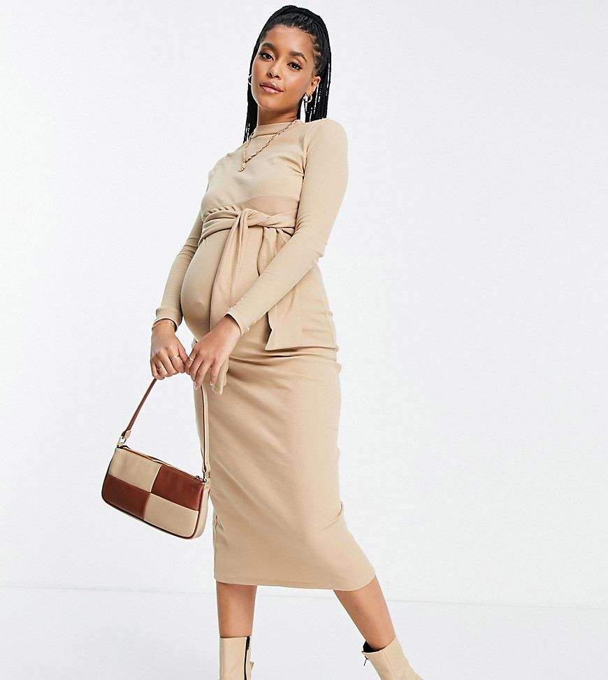 Topshop Maternity ribbed long sleeve tie waist Midi dress in Camel-Neutral