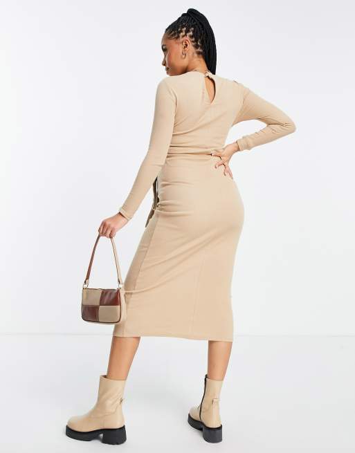 Topshop Maternity ribbed long sleeve tie waist Midi dress in Camel