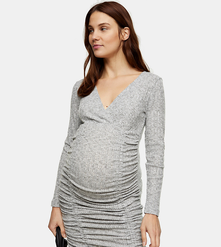 Topshop Maternity ribbed ruched mini dress in grey marl