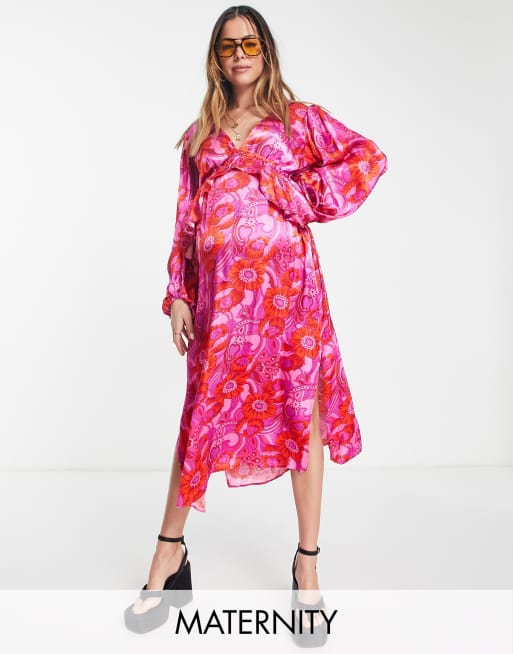 Topshop Maternity - Robe mi-longue style rétro à basque volantée - Rose
