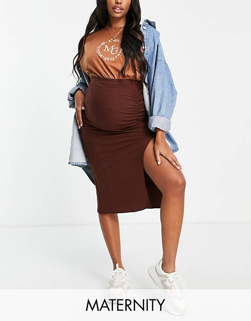 Topshop Maternity ruch side skirt in brown