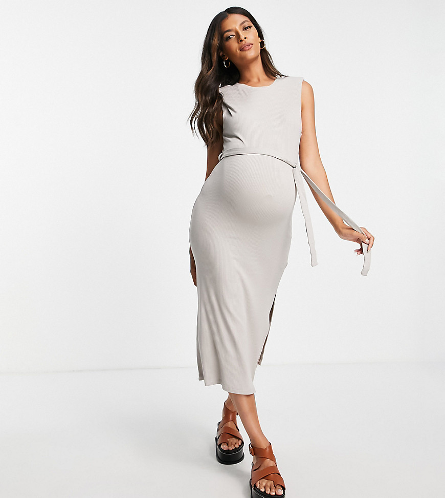 Topshop Maternity statement shoulder belted maxi dress in stone-Neutral