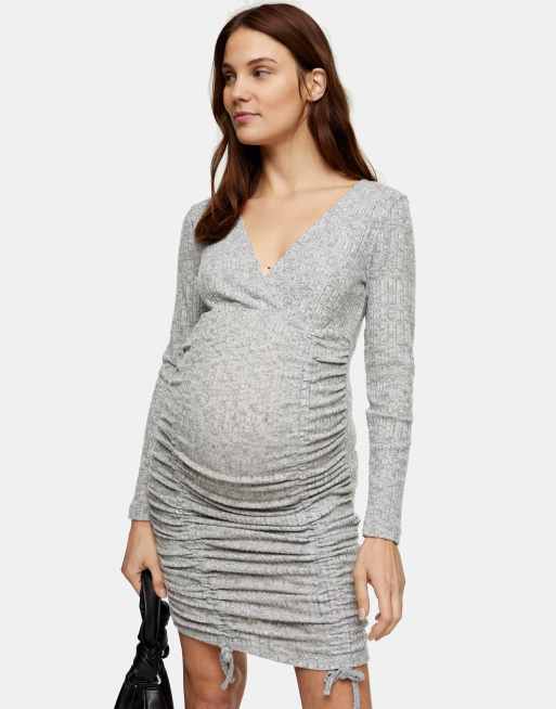 Topshop Maternity – Szara melanżowa sukienka mini z prążkowanego materiału z marszczeniami