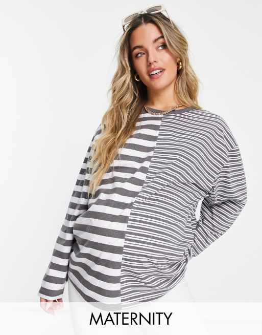 Topshop Maternity - T-shirt met lange mouwen en vervaagde strepen in zwart-wit met wassing
