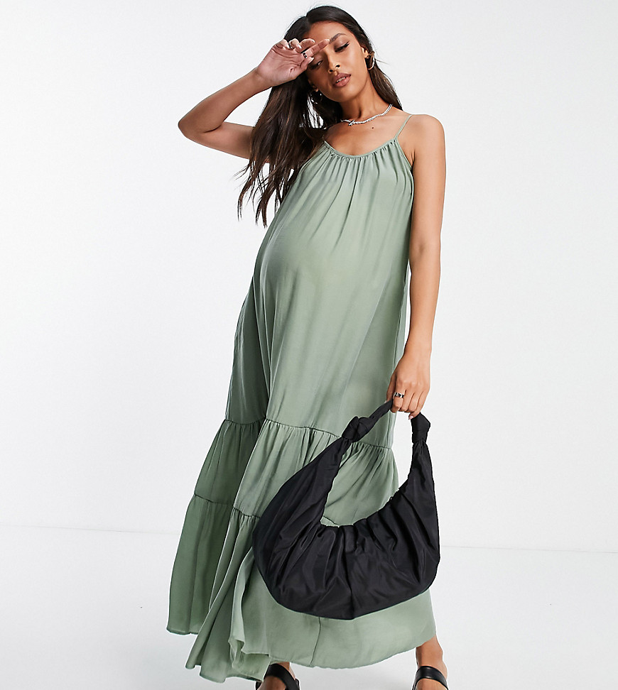 Topshop Maternity tiered smock midi dress in green