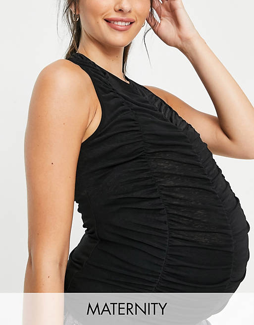 Topshop Maternity - Top senza maniche in tessuto arricciato nero a tinta unita