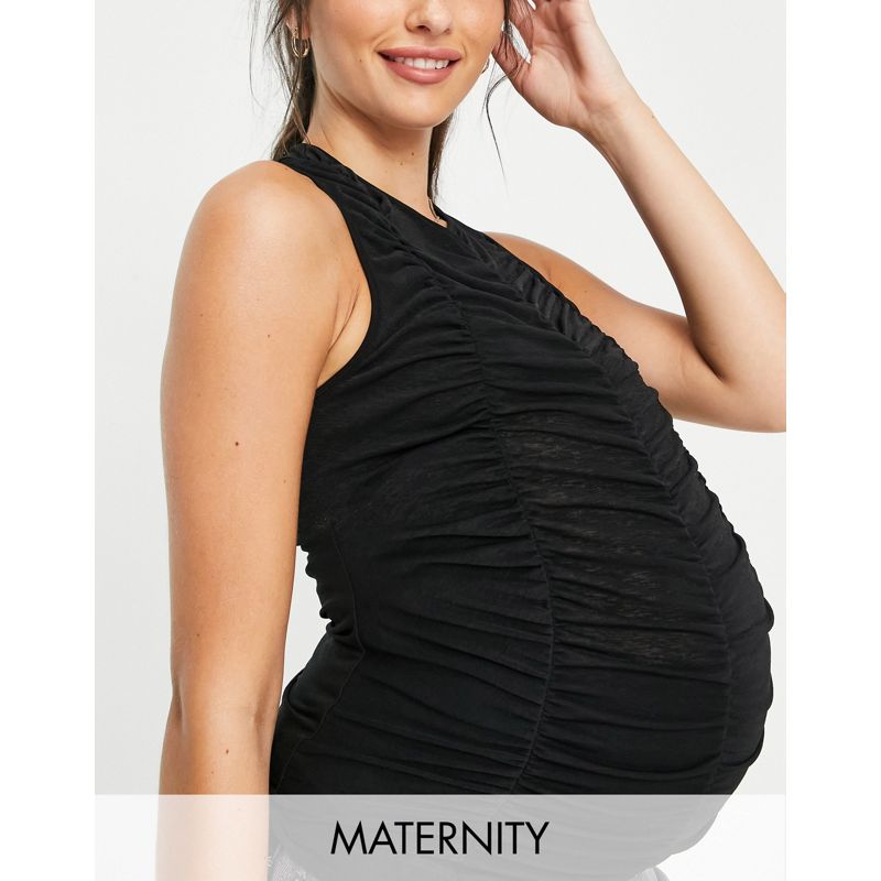 vbm07 Donna Topshop Maternity - Top senza maniche in tessuto arricciato nero a tinta unita