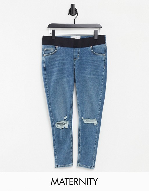 Topshop Maternity under bump Jamie jeans with knee rips in blue green