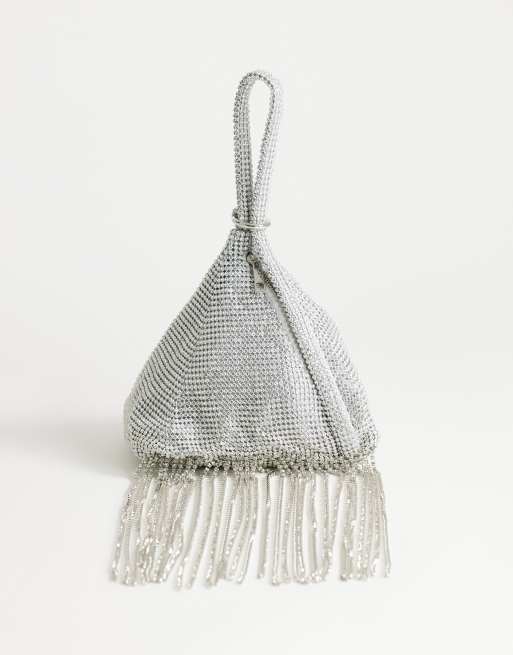 Topshop - Matty - Borsetta a triangolo color argento con strass e nappe