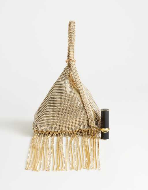 Topshop Matty piccola borsa a mano a triangolo con strass e nappine dorata, 3 di 4