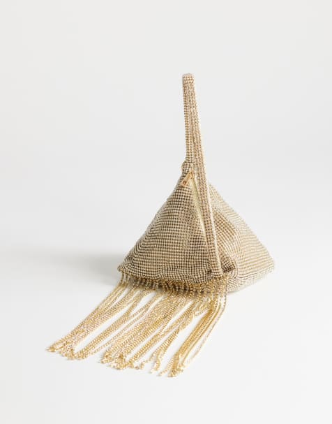 Topshop Matty small diamante triangle bag with tassels in gold - view 1