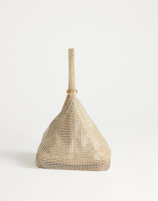 Topshop Matty small diamante triangle bag with tassels in gold | ASOS
