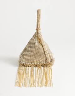 Matty small diamante triangle grab bag with tassels in gold