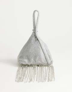 Matty small diamante triangle grab bag with tassels in silver