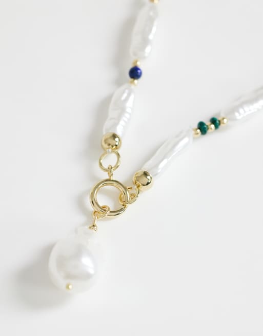 Topshop - Maude - Collier de perles fantaisie et de pierre - Blanc cassé et vert, 4 de 4