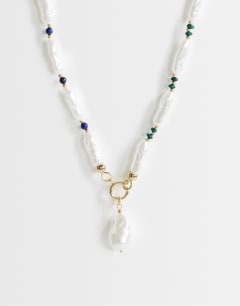 Maude faux pearl and stone necklace in off white and green