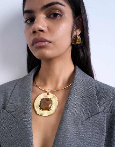 Topshop - Max - Collana dorata con ciondolo grande con pietra marrone - view 1