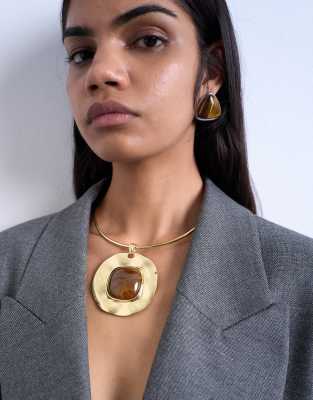 Topshop - Max - Statement-Halskette in Goldoptik mit braunem Stein-Goldfarben