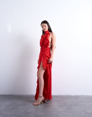 Topshop - Maxi-Abendkleid in Rot mit tiefem Ausschnitt und Rüschen