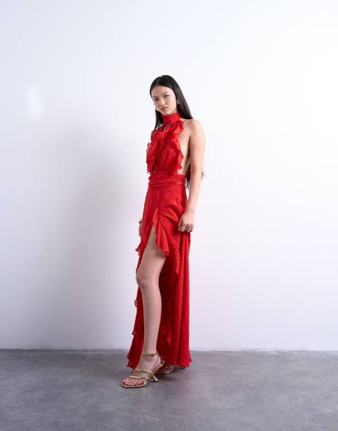 Topshop – Maxi-Abendkleid in Rot mit tiefem Ausschnitt und Rüschen - view 1