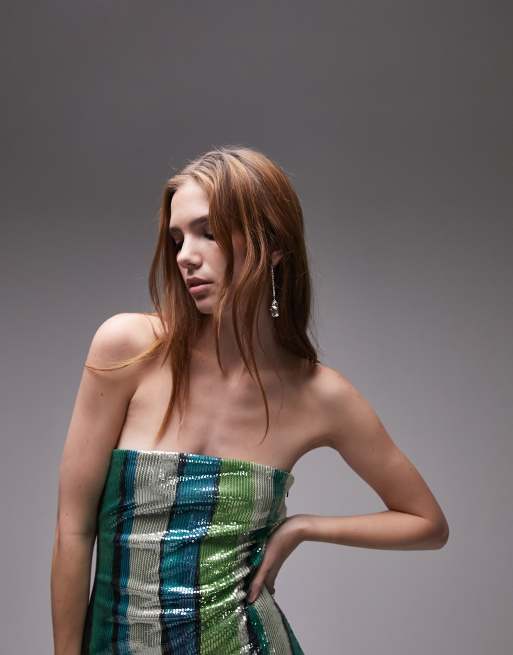 Topshop - Maxi bandeau-jurk met strepen en lovertjes in multi, 2 van 4