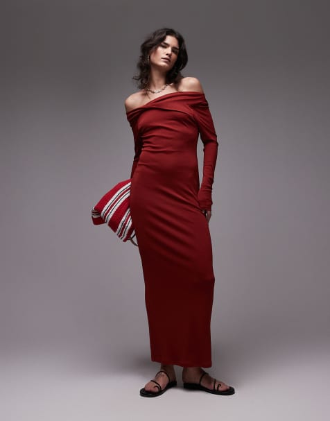 Topshop - Maxi-bardotjurk met lange mouwen en gedraaid detail in roestrood - view 1
