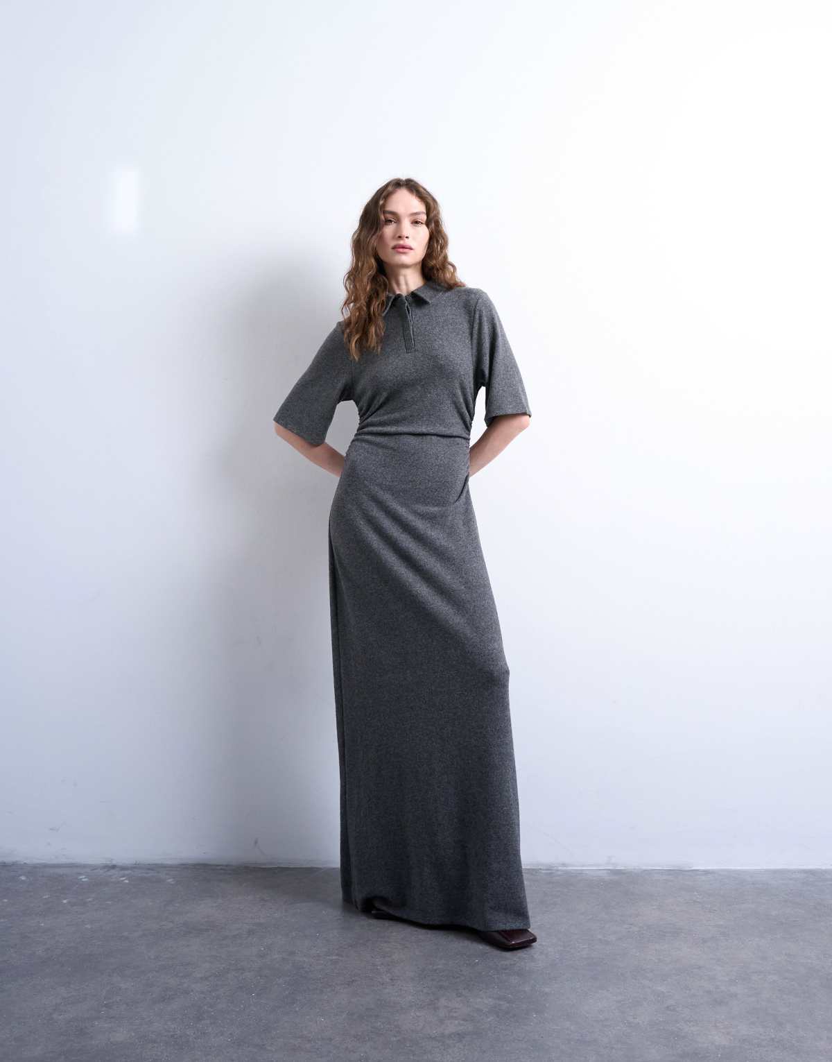 Topshop maxi cinch waist polo dress in grey