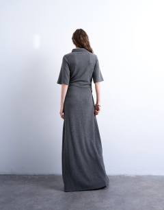 Model wearing Maxi cinch waist polo dress in grey