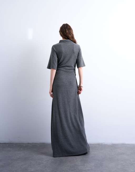 Topshop maxi cinch waist polo dress in grey, 2 of 4