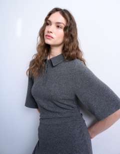 Model wearing Maxi cinch waist polo dress in grey