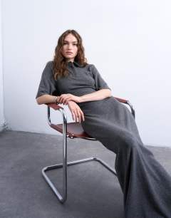 Model wearing Maxi cinch waist polo dress in grey