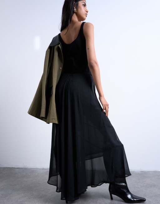 Topshop - Maxi cirkelrok van chiffon met naaddetail in zwart, 3 van 5