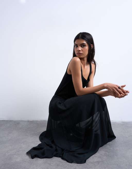Topshop - Maxi cirkelrok van chiffon met naaddetail in zwart, 4 van 5